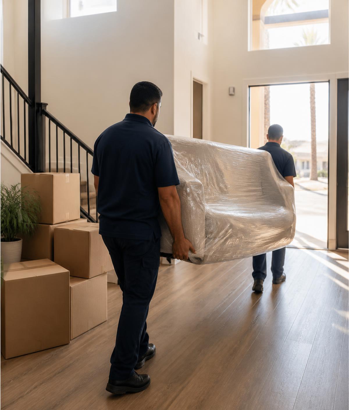 Las Vegas movers carrying a wrapped sofa into a residential home
